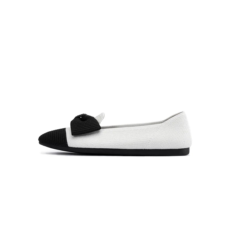 Bow Detail Round Toe Knit Flat Loafers - White