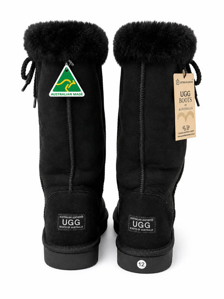 Australian Leather Ugg Tall Fur Cuff Lace Up - Black - AU12