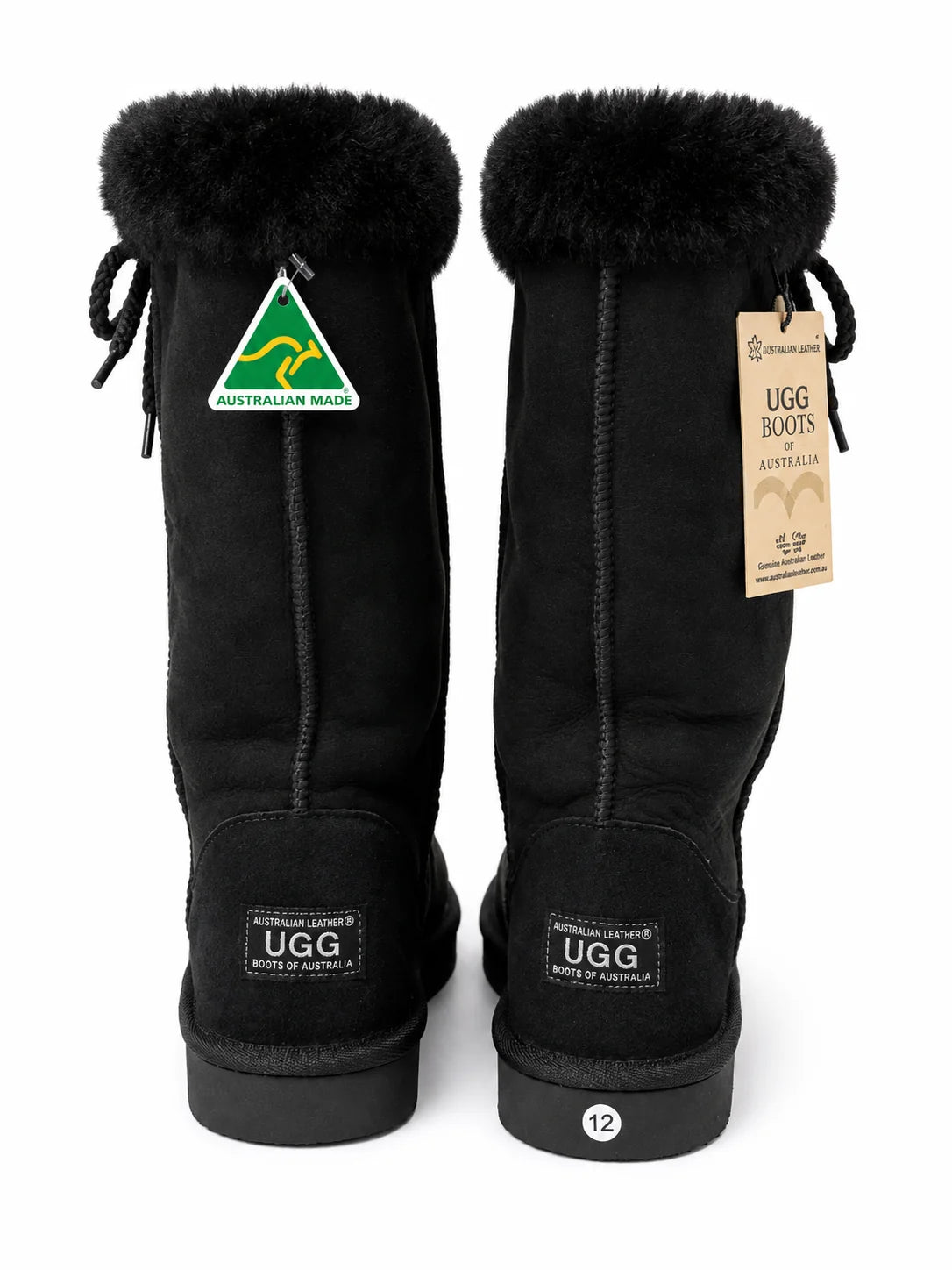 Australian Leather Ugg Tall Fur Cuff Lace Up - Black - AU5