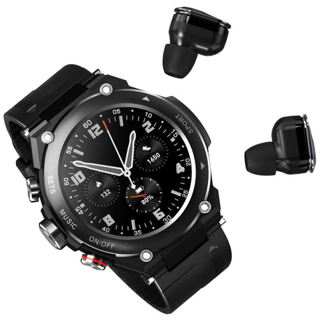 2 in 1 Bluetooth Smart Watch TWS Wireless Earphones 1.28" 9D Touch Screen BT 5.0 - Black
