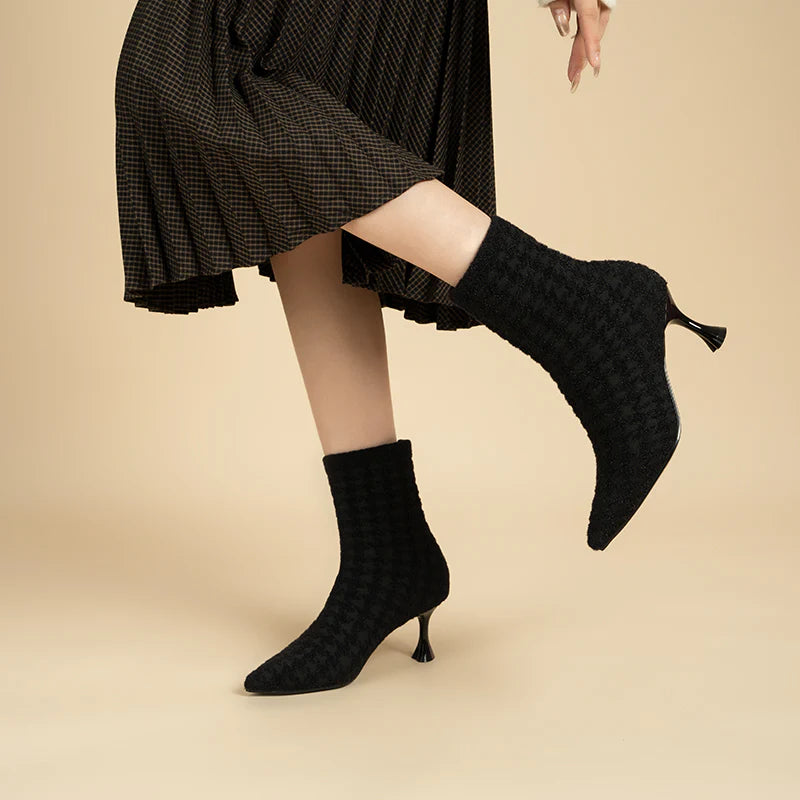 Pointed Toe Stiletto Heel Stretch Ankle Boots - Black