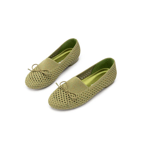 Bow Hollow Mesh Knit Round Toe Low Heel Flats - Avocado