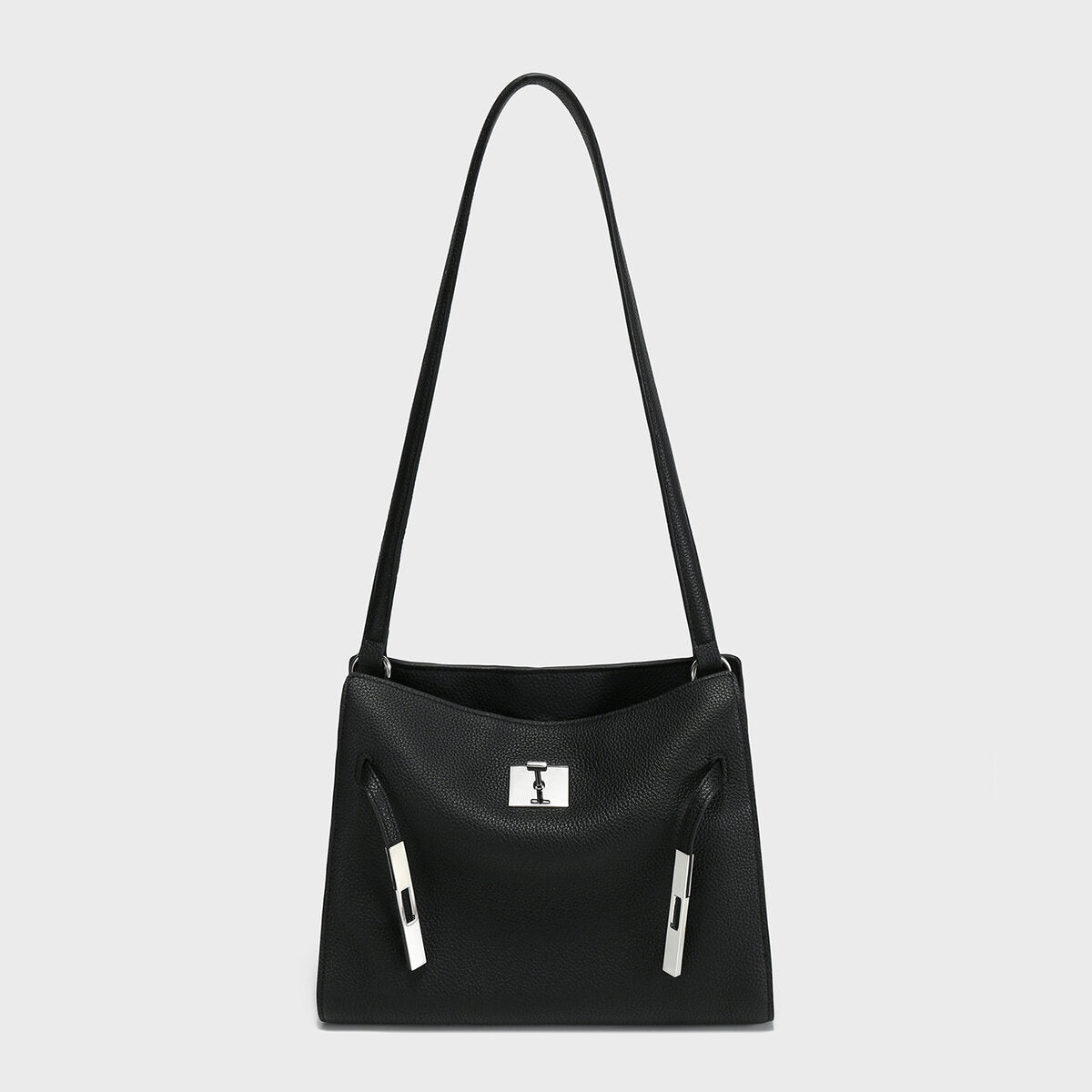 TOGO Leather Turn-Lock Slouchy Tote-Soft Shoulder Handbag - Black