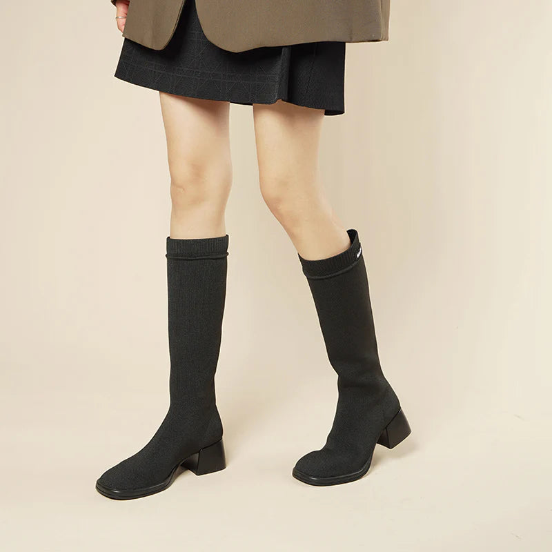 Mademoiselle Round Toe Knee High Sock Boots - Black