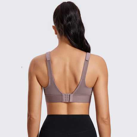 Zip Front Large Padded High Impact Sports Bra - Mocha