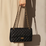 Classic Black Quilted Caviar Leather Flap Shoulder Bag - Black