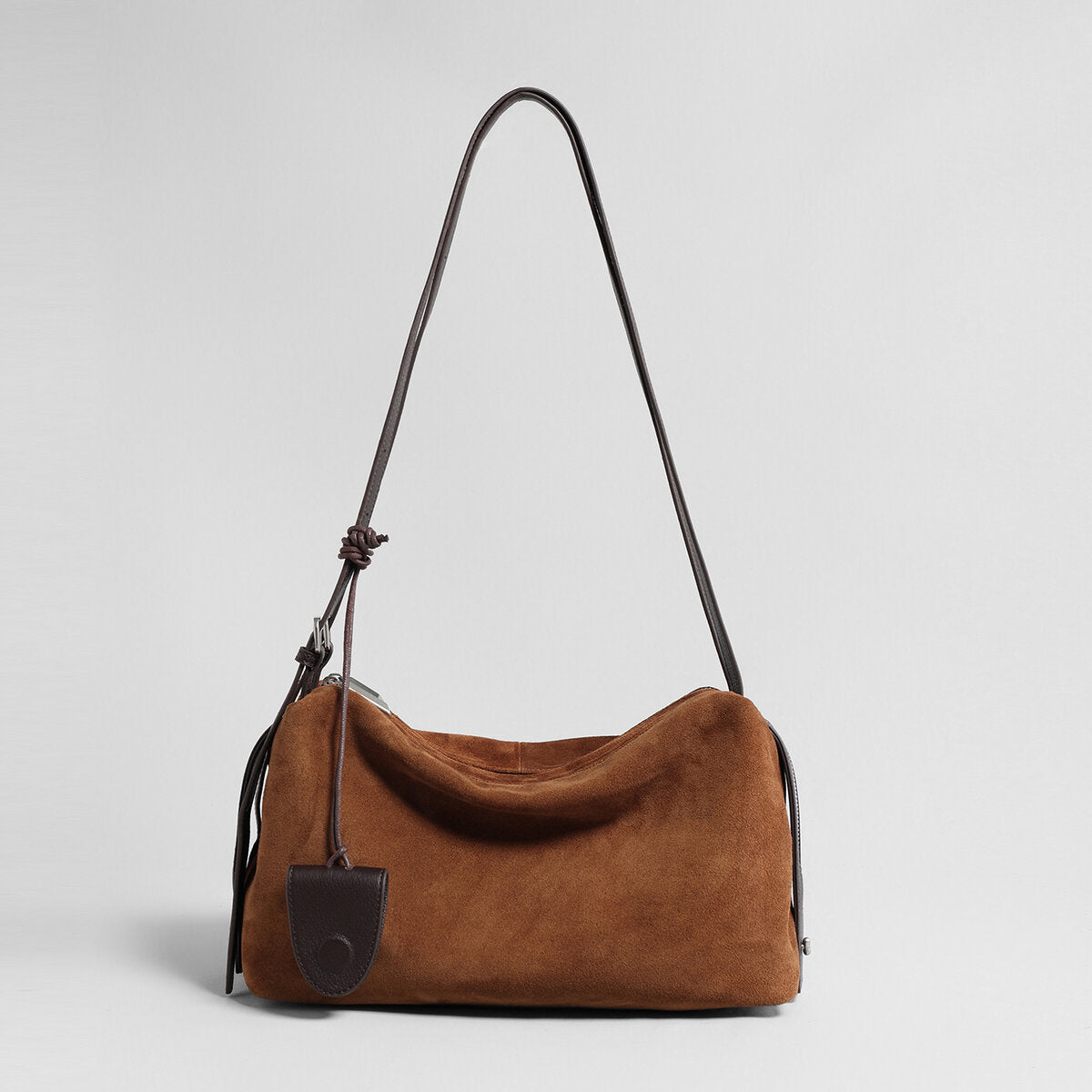 Suede Leather Slouchy Pillow Shoulder Bag - Brown