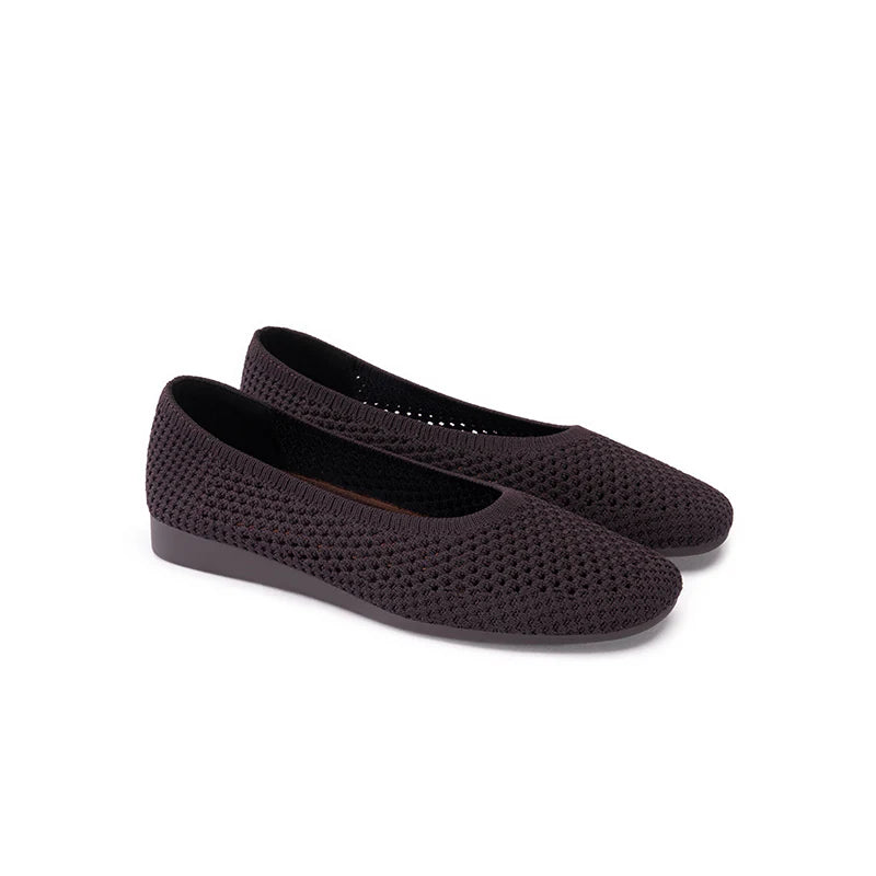 Heart Mesh Knit Square Toe Wedge Flats - Chocolate