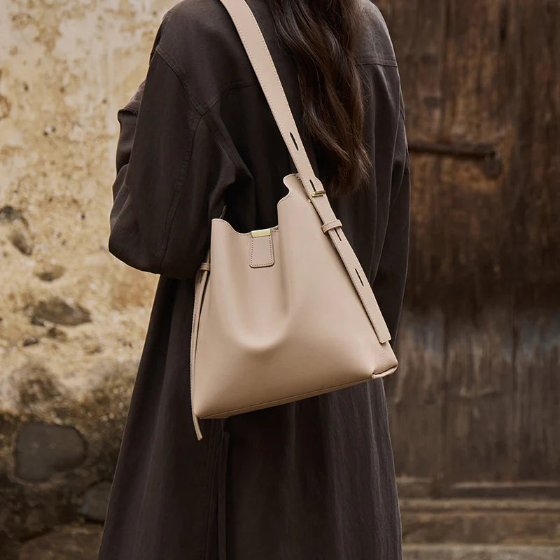 Nalandu Minimalist Genuine Leather Bucket Shoulder Bag - Taupe