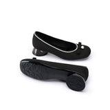 Pearl Bow Knit Square Toe Loafer Pumps - Black