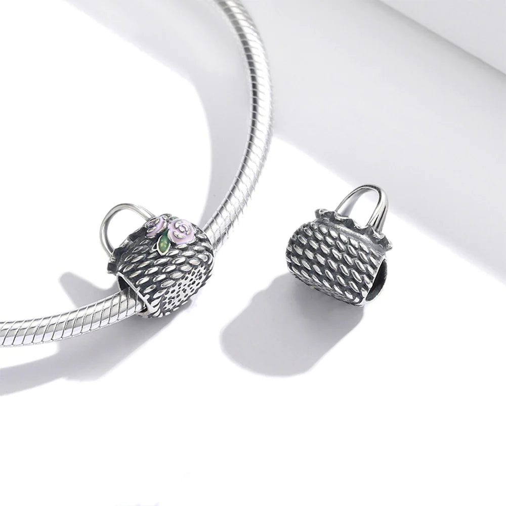 Solid 925 Sterling Silver Exclusive Floral Handbag Pandora Inspired Bead Charm