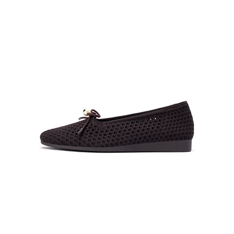 Pearl Bow Heart Mesh Knit Round Toe Wedge Flats - Chocolate