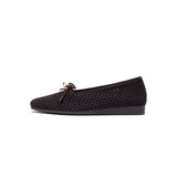 Pearl Bow Heart Mesh Knit Round Toe Wedge Flats - Chocolate