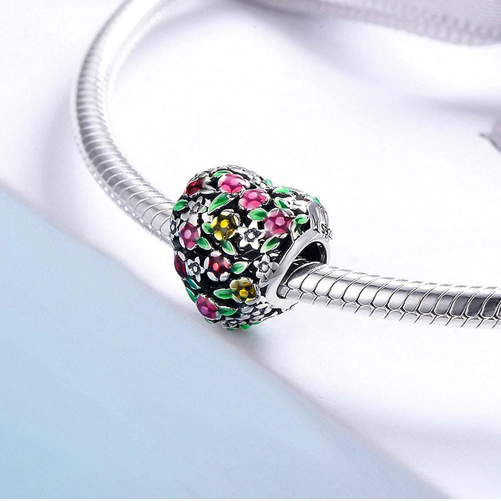 Solid 925 Sterling Silver Magnolia Bloom Heart Charm