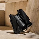 Nalandu Luxe Genuine Leather Bucket Tote Shoulder Bag - Black