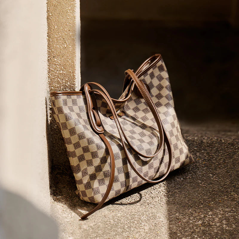 Nalandu Vintage Checkered Commuter Tote Bag - Khaki