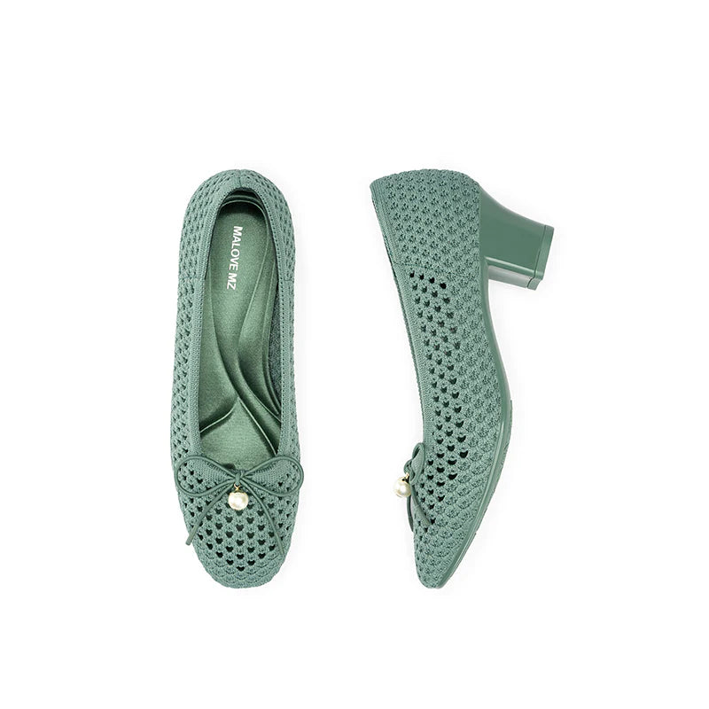 Pearl Bow Mesh Knit Round Toe Pumps - Green