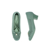 Pearl Bow Mesh Knit Round Toe Pumps - Green