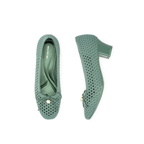 Pearl Bow Mesh Knit Round Toe Pumps - Green