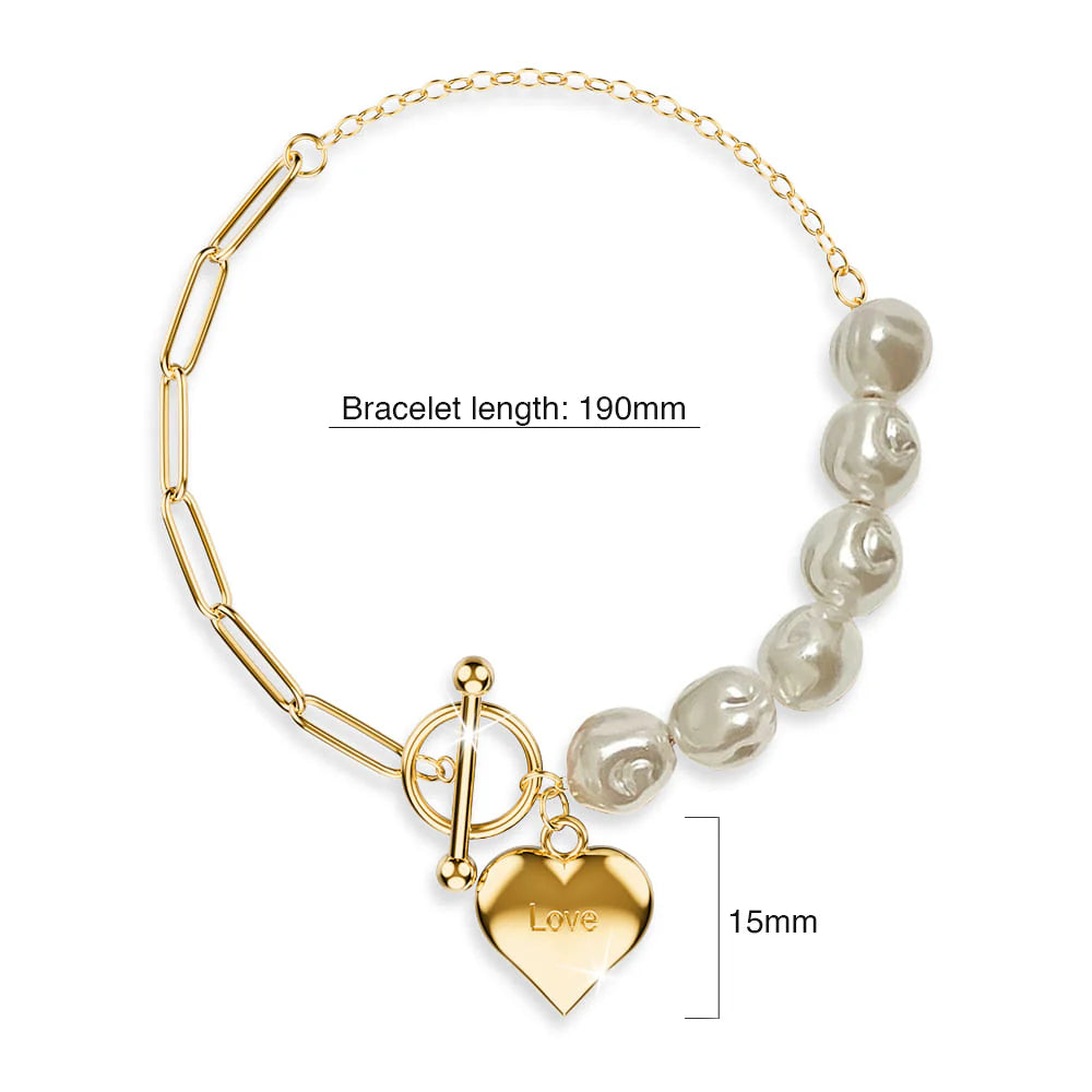 Bullion Gold Pearl Paper Clip Chain Heart Gold Layered Stainless Steel Bracelet