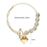 Bullion Gold Pearl Paper Clip Chain Heart Gold Layered Stainless Steel Bracelet
