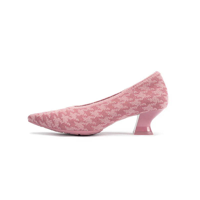 Houndstooth Block Heel Pumps - Pink