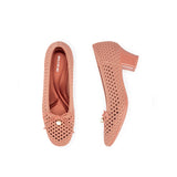 Pearl Bow Mesh Knit Round Toe Pumps - Orange