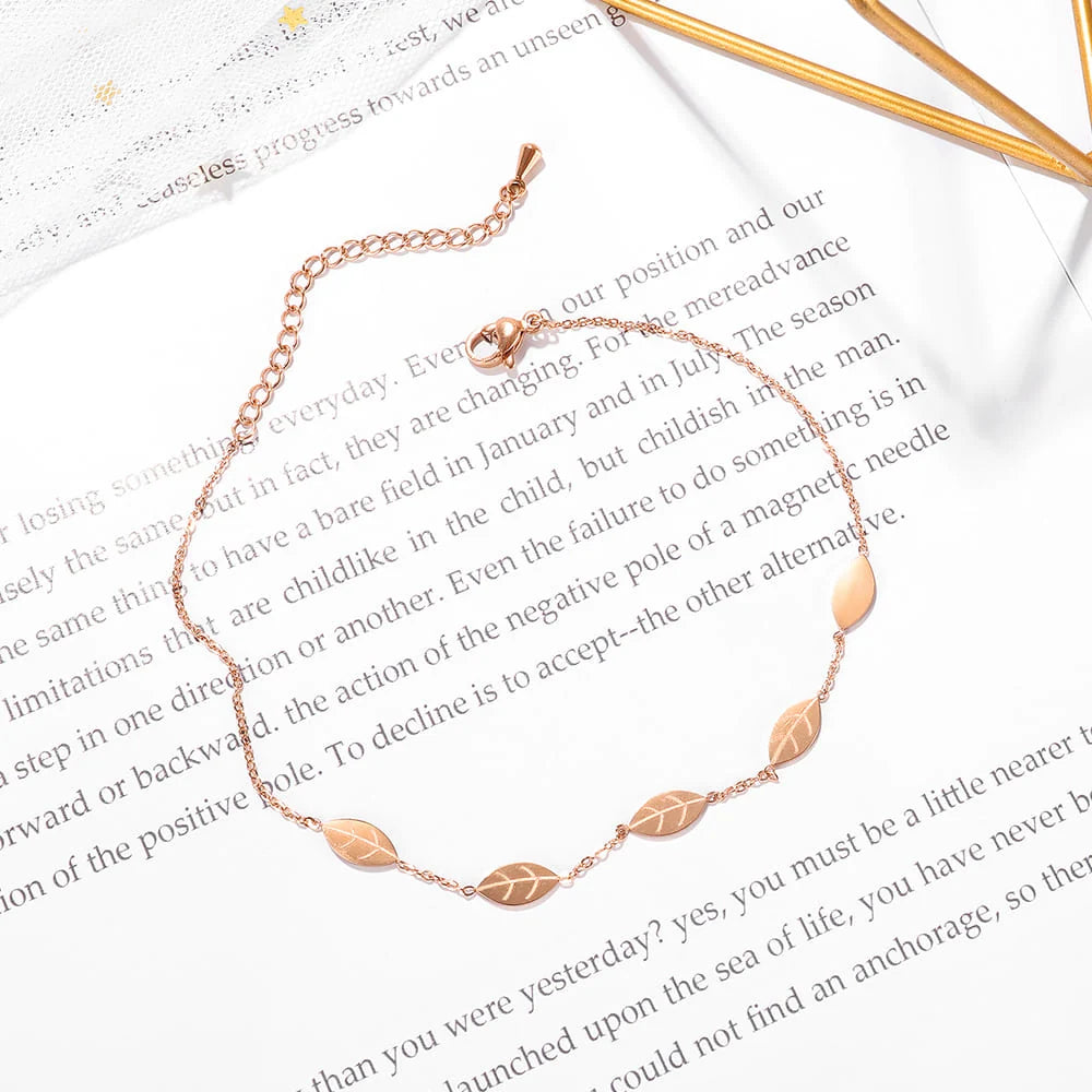 Bullion Gold Falling Leaves Chain Anklet in Rose Gold Layered Steel Jewellery