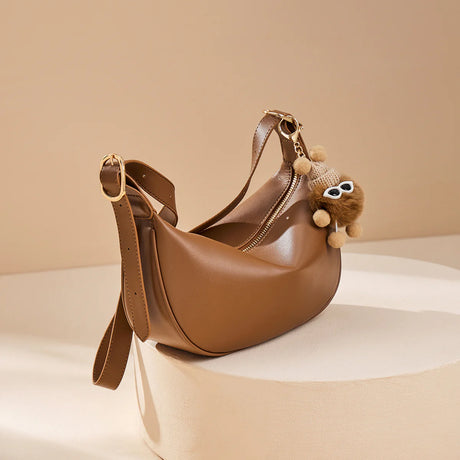 Nalandu Crescent Leather Crossbody Shoulder Bag with Bear Charm - Brown