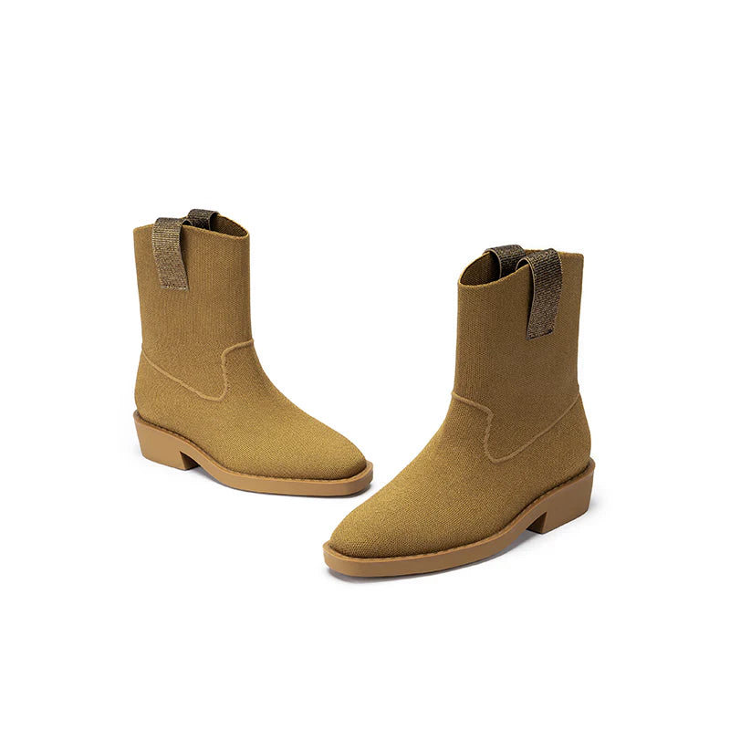 Knit Block Heel Ankle Boots - Tan