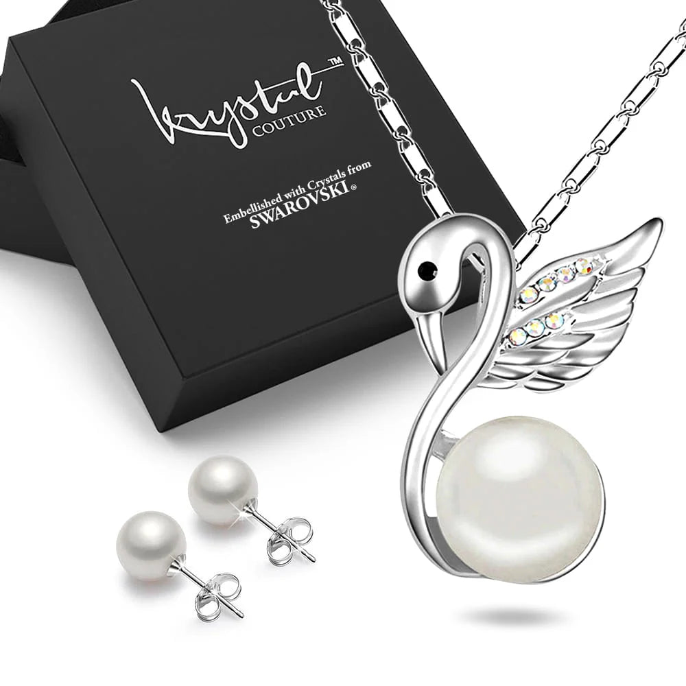 Boxed Snowwhite Swan Necklace and Earrings Set Embellished with SWAROVSKI® Crystals and Pearls