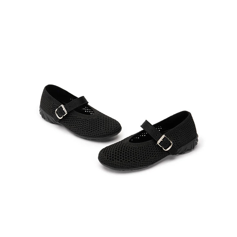 Heart Cutout Breathable Mesh Mary Jane Wedges - Black