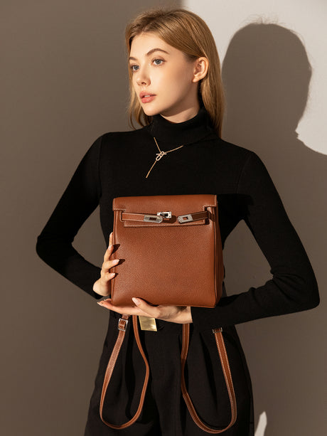 Madison Structured Leather Convertible Backpack - Brown