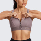 Zip Front Large Padded High Impact Sports Bra - Mocha