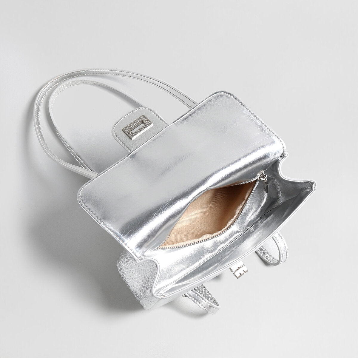Snake-Embossed Metallic Flap Shoulder Bag - Silver