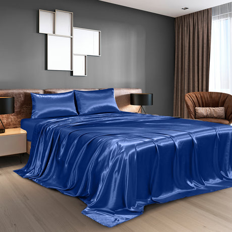 Royal Comfort 4pc Satin Sheet Set - Navy Blue - King