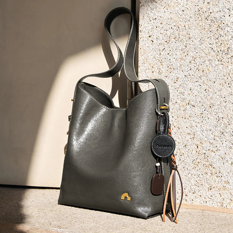 Nalandu Vintage Leather Large Capacity Tote Bag - Charcoal