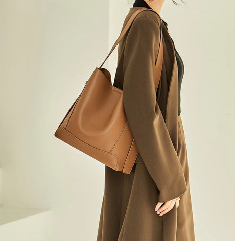 Nalandu Luxe Genuine Leather Bucket Tote Shoulder Bag - Brown