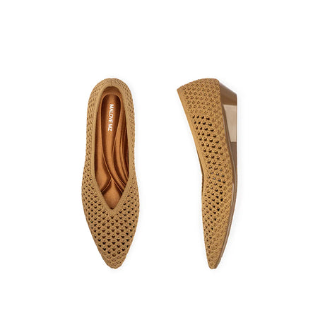 Heart Mesh Knit Pointed Toe Wedge Pumps - Tan
