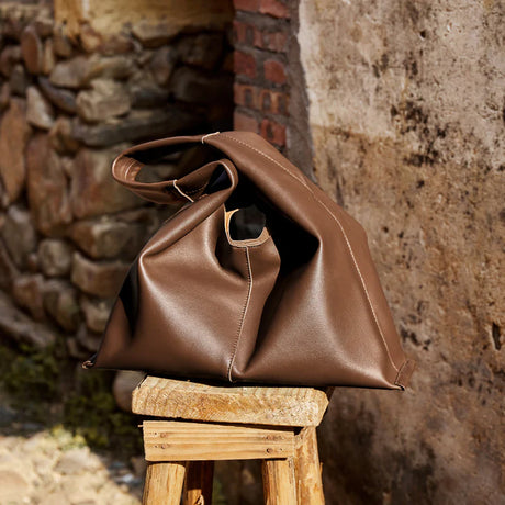 Nalandu Soft Slouch Genuine Leather Oversized Tote Bag - Coffee