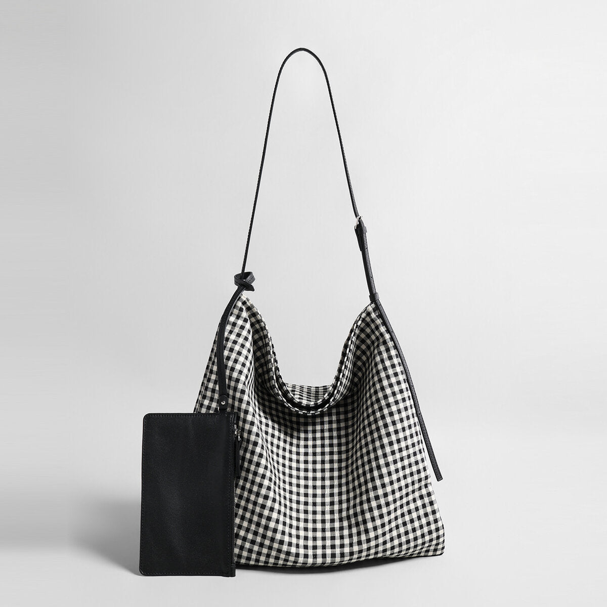 Check Print Canvas Hobo Tote Bag - Black