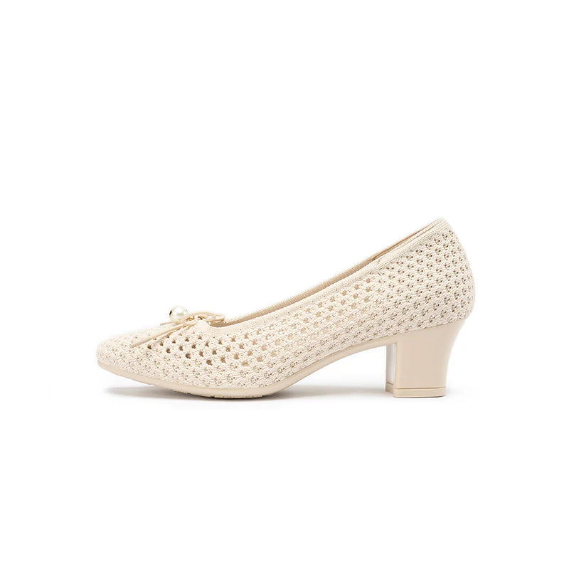 Pearl Bow Mesh Knit Round Toe Pumps - Ivory