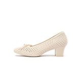Pearl Bow Mesh Knit Round Toe Pumps - Ivory