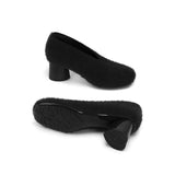 Fuzzy Round Toe Block Heel Pumps - Black