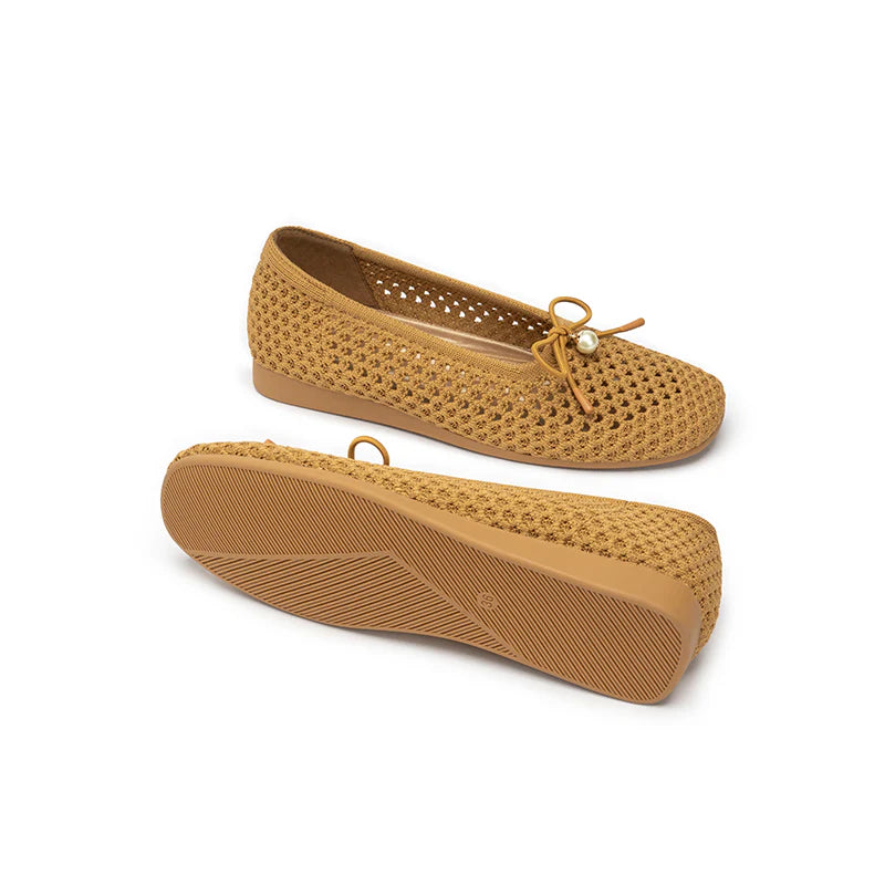 Pearl Bow Heart Mesh Knit Round Toe Wedge Flats - Tan