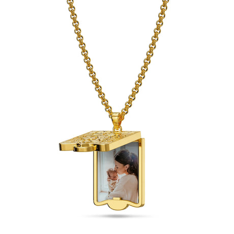Bullion Gold Engraved Shield Photo Locket Necklace