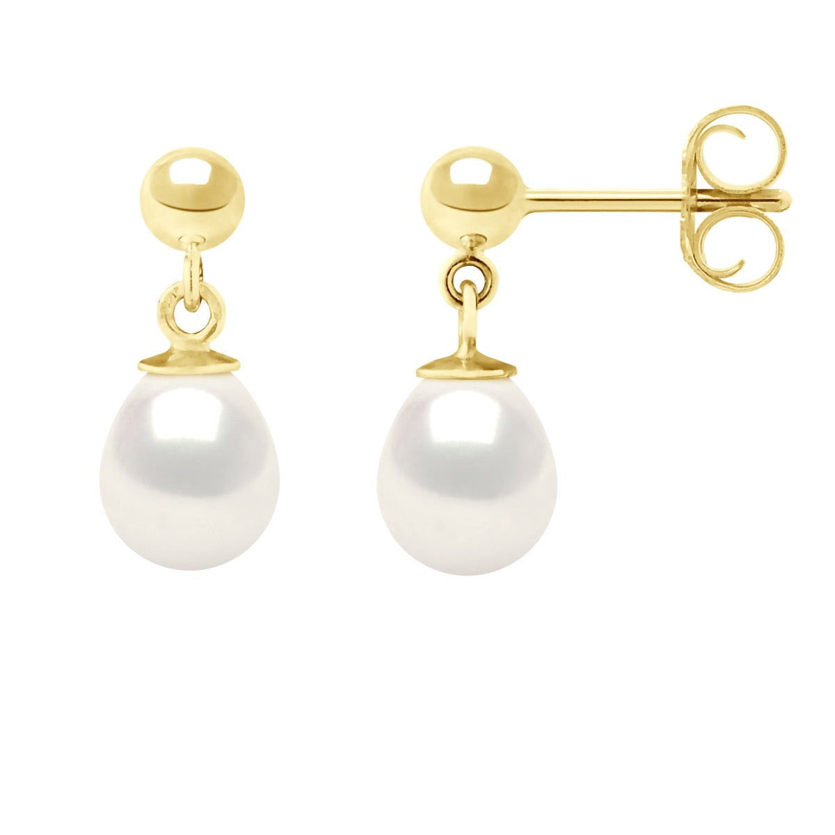 Earrings In Yellow Gold and Real Cultured Freshwater Pearls Pear 7-8 mm - Natural Pearl White - Longueur 42 cm