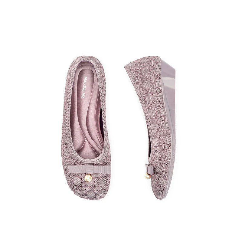 Pearl Bow Czech Crystal Knit Round Toe Wedge Pumps - Mauve