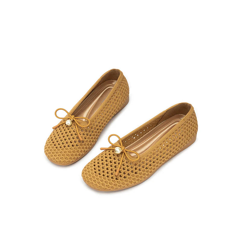 Pearl Bow Heart Mesh Knit Round Toe Wedge Flats - Tan