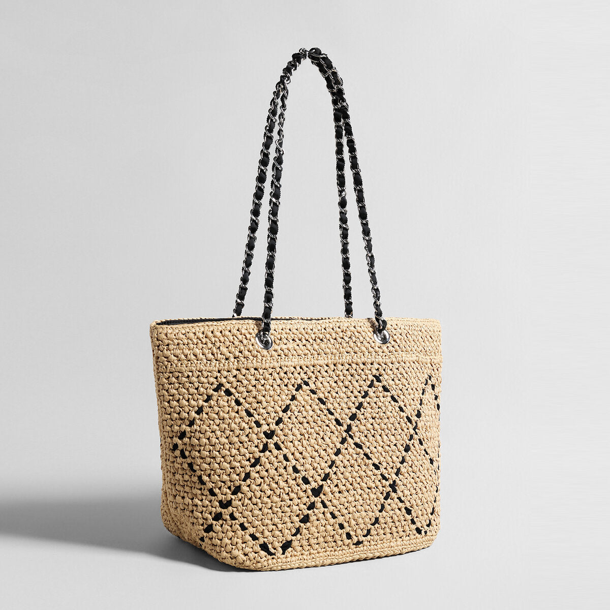 Handwoven Straw Chain Tote Bag - Black